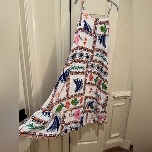 White Maxi Dress with Navy Floral & Geometric Print size L